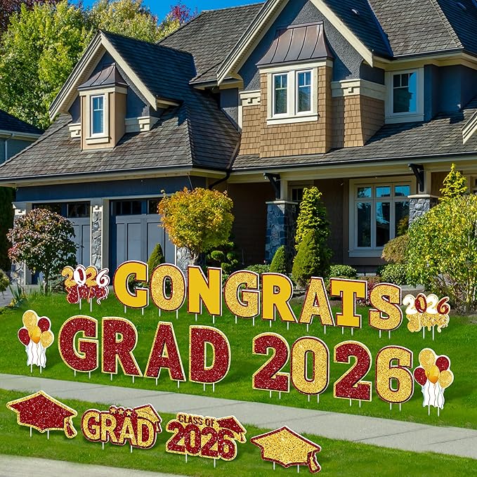 ANVAVO 2026 Congrats Grad Yard Signs Graduation Waterproof Decorations Graduation Yard Sign Decorations Grad Party Outdoor Lawn Decor with Stakes, Red and Gold