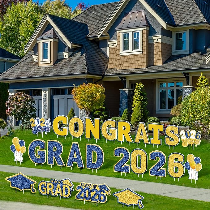 ANVAVO 2026 Congrats Grad Yard Signs Graduation Waterproof Decorations Graduation Yard Sign Decorations Grad Party Outdoor Lawn Decor with Stakes, Royal Blue and Gold