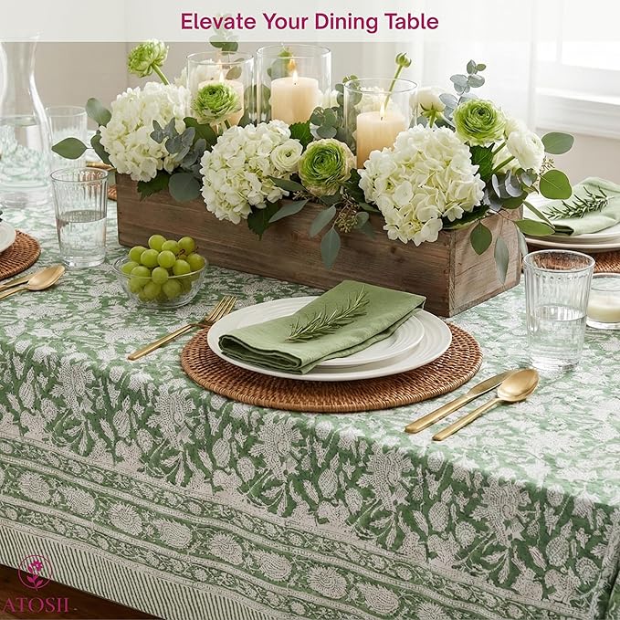 ATOSII Meraki Green 100% Cotton Rectangle Tablecloth, Hand Block Print Washable Table Cover, Dining, Christmas Parties, Outdoors, Weddings, Thanksgiving, Halloween Fall Decor 60 X 108 Inches, 8 Seater
