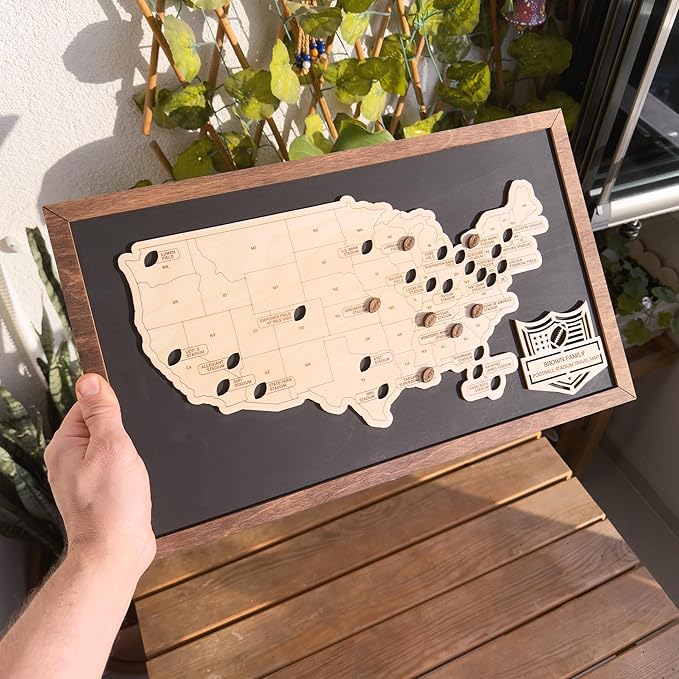 Personalized Wooden American Football Stadium Tracker Map - Football Stadium Bucket List - Custom Travel Map - Handcrafted Wall Art - Unique Gift for Football Fans (Without Silhouette)