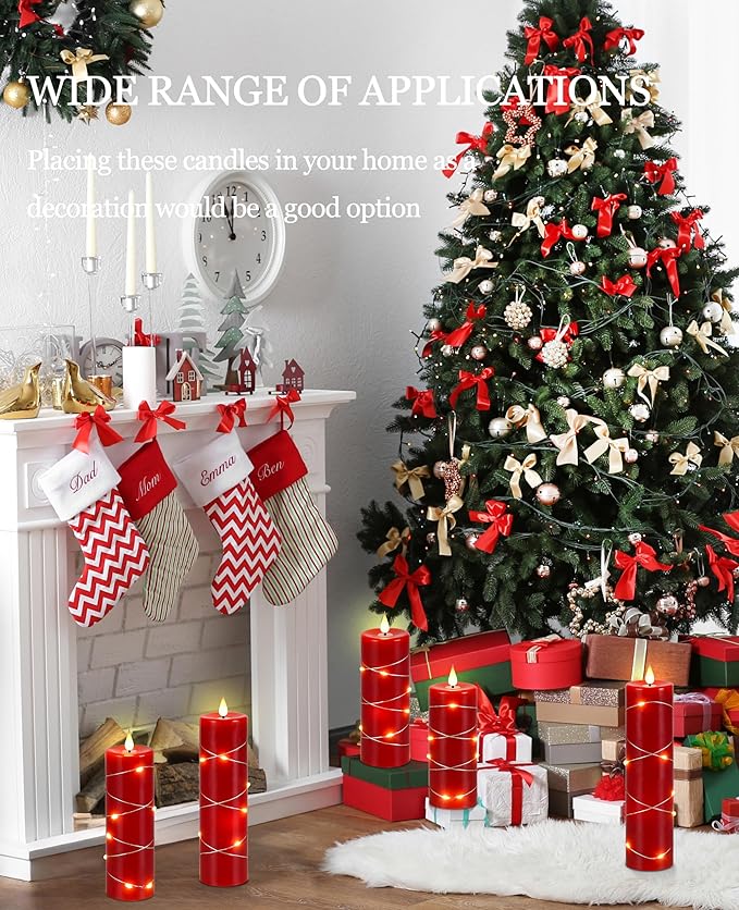 Red Flameless Candle Fairy String Light, Water Drop Flame, Advanced LED Flame Simulation with Remote and Timed Candles, 5-Cell Battery Powered，Christmas Candle