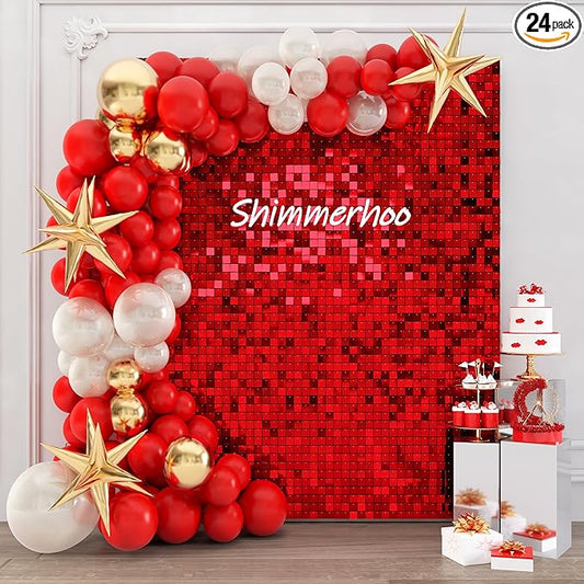 Shimmer Wall Backdrop - 24pcs Decorations Panel | Wedding, Birthday, Anniversary, Engagement & Bridal Shower Party Decor Panel (Red)