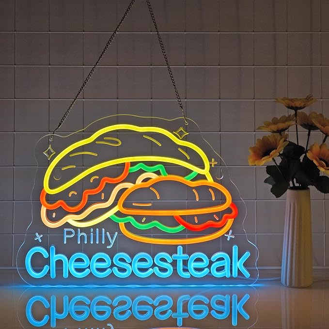 Pilly Cheesesteak Neon Sign, Neon Lights Hanging Wall Art Decoration for Restaurant Shop Deli Food Market Kitchen Home Decor, USB Powered, Ultra Bright & Dimmable, 15.75×11.4 Inches