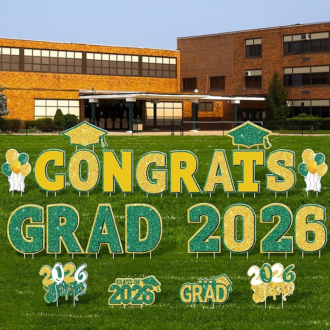 ANVAVO 2026 Congrats Grad Yard Signs Graduation Waterproof Decorations Graduation Yard Sign Decorations Grad Party Outdoor Lawn Decor with Stakes, Green and Gold