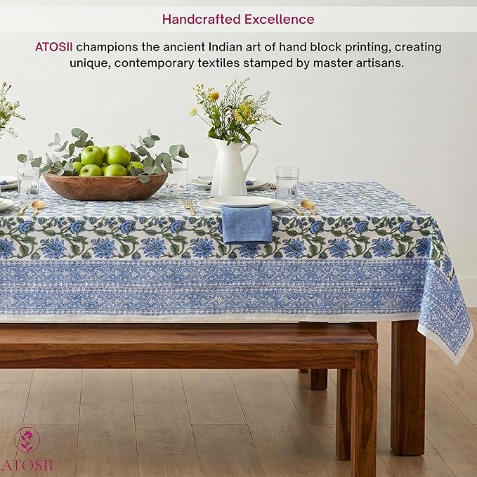 ATOSII Taj 100% Cotton Summer Tablecloth, Block Print Floral Square Table Cloth for Dining Table I Parties Wedding Outdoors, Grand Millenial Decor 60 X 60 Inches I 4 Seater I