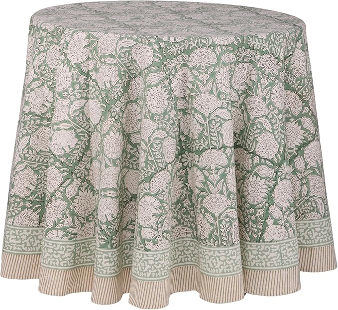 ATOSII Jade 100% Cotton Boho Round Tablecloth, Block Print Floral Table Cloth Linen for Dining, Parties, Weddings, Outdoors I Table Decor 90" Inches I