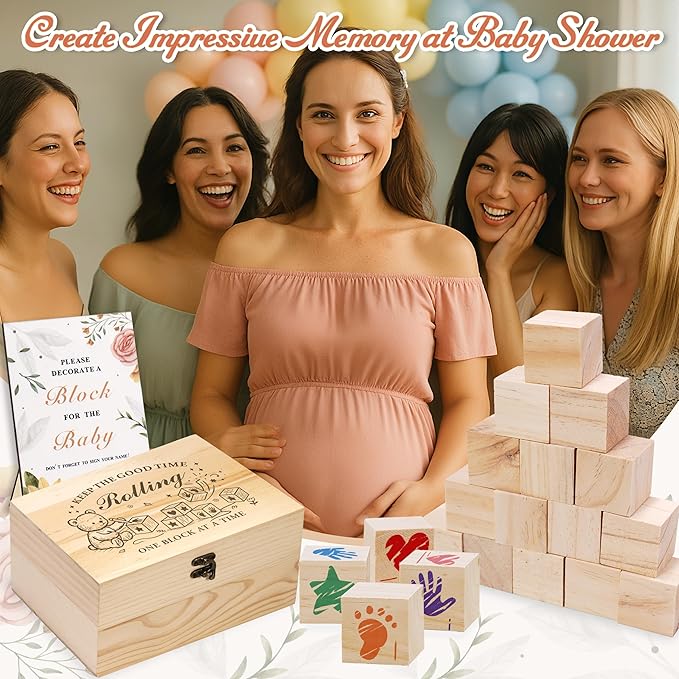 78 PCS Baby Shower Games Sign Kit for Boys Girls, Wooden Box and Sign, Blank Wooden Blocks for DIY Drawing, Markers, Baby Shower Game for Gender Reveal Activity, Baby Shower Ideas Decorations, Bear A