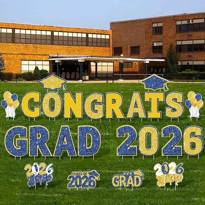 ANVAVO 2026 Congrats Grad Yard Signs Graduation Waterproof Decorations Graduation Yard Sign Decorations Grad Party Outdoor Lawn Decor with Stakes, Royal Blue and Gold