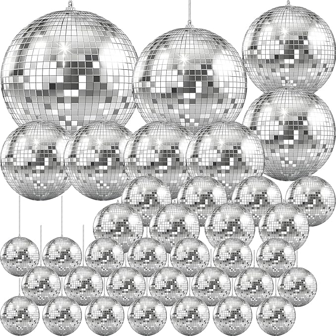 The Dreidel Company Mirror Disco Ball 36-Pack Variety, Silver Hanging Ball with Attached String for Ring, Reflects Light, Fun Party Home Bands Decorations, Party Favor (72-Pack Variety)
