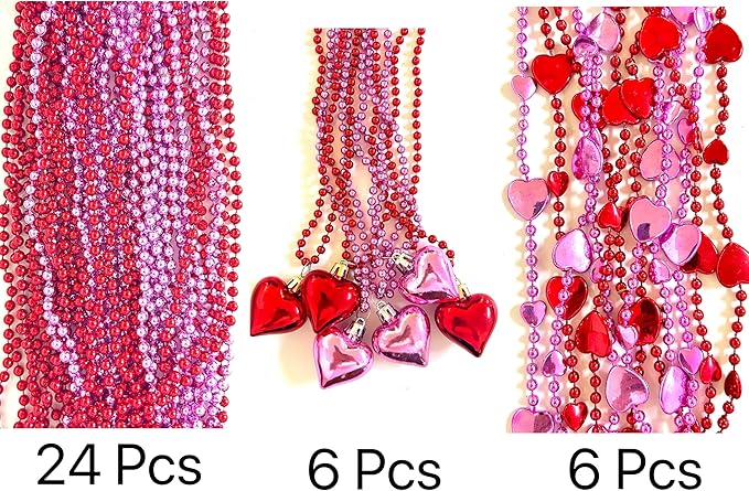 72 Pcs Valentines Day Heart Shaped Bead Necklaces Bulk Bachelorette Red Pink Love Sweet Beads Necklaces Valentine's Party Heart Shaped Decorations Gifts Supplies