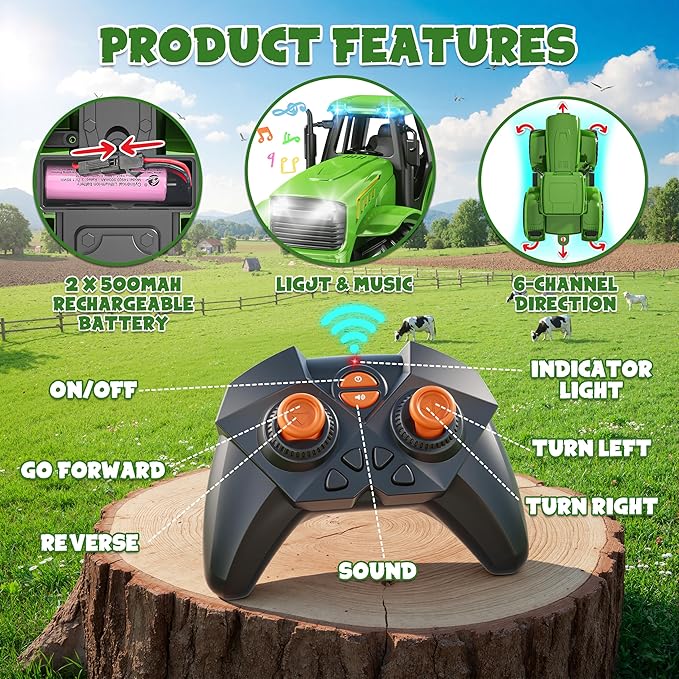 Funwee RC Farm Tractor Toy w/Light & Music, Kid Truck Toy w/Front Loader & Farm Animal, 2.4GHz RC Tractor Trailer Car Vehicle Toy for Boy Girl Age 3 4 5 6 7+ Year Old Christmas Birthday Gift (Green)