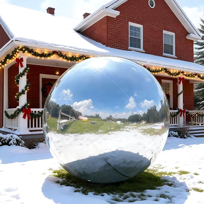 Silver Inflatable Mirror Ball, Big Shinny Mirror Balls Reusable Large PVC Disco Ball Balloon for Large Event Decoration, Party, Concerts, Stage, Wedding Decor, Without Air Pump(1 Pcs, 31.5in)