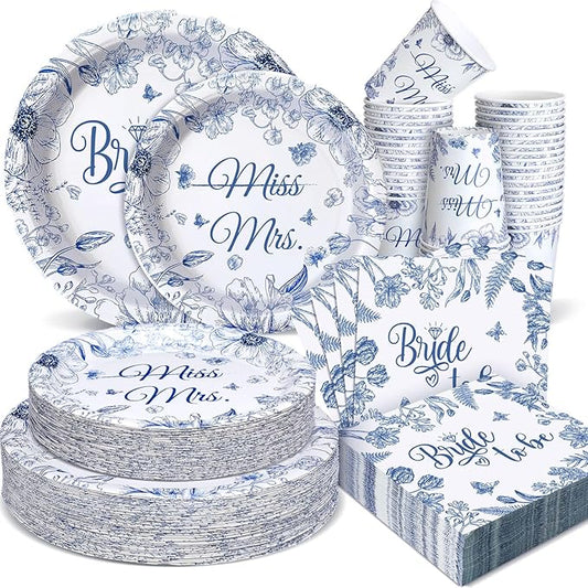 Zhehao 250 Pcs Bride to Be Bridal Shower Plates Napkins Sets 50 Pcs 9'' Dinner Plates and 7'' Dessert Plate and 9oz Cups 100 Napkins Serves 50 Party Supplies Bridal Shower Engagement Decoration