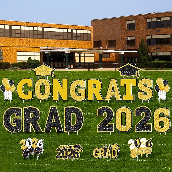ANVAVO 2026 Congrats Grad Yard Signs Graduation Waterproof Decorations Graduation Yard Sign Decor Grad Party Outdoor Lawn Decor with Stakes, Black and Gold