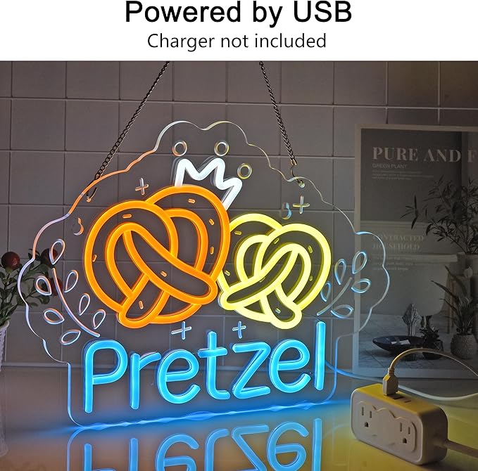 Pretzel Neon Sign, Neon Lights Hanging Wall Art Decoration for Bakery Café German Restaurant Snack Bar Pastry Shop Home Decor, USB Powered Ultra Bright Dimmable, 16.14×12.2inches