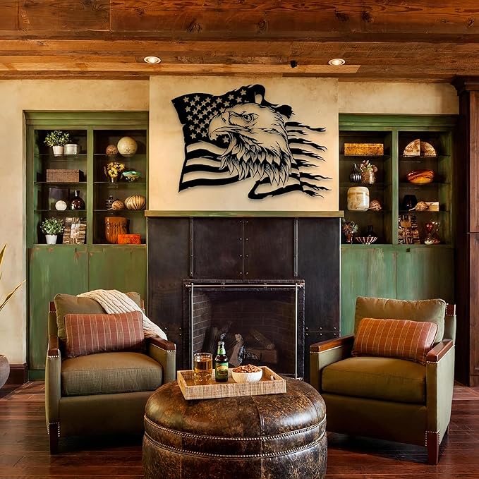 USA Bald Eagle Metal Wall Art, Large Eagle American Flag Metal Wall Decor, Fourth of July Independence Day Flag, Veteran Patriotic Gift for Home, Living Room, Office Sculptures, 4th July Day Gift (31.9" x 22.8" / 81 x 58 cm)