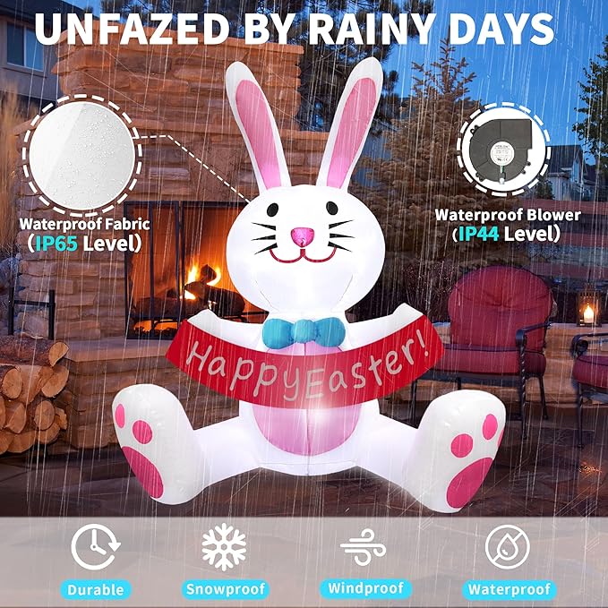 5FT Easter Inflatables Outdoor Decorations Easter Bunny Holds Banner with LED Lights Blow Ups Decor for Yard Outside Indoor Party Home Garden Lawn Holiday