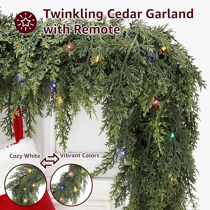 Cedar Christmas Garland for Mantle - Decorations with Lights 9ft Realistic Lighted Faux Pine Garlands for Xmas Home Decoration Indoor Stairs Railing Fireplace Outdoor 9 ft Prelit Garland Door Decor