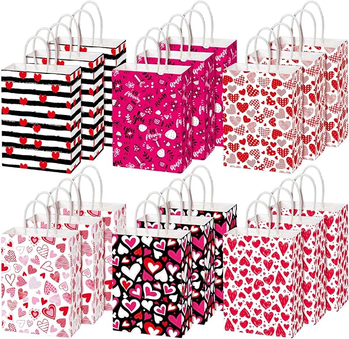 Chivertion 150 Pcs Valentine's Day Gift Bags with Handle Bulk Galentines Heart Paper Goodie Treat Bags for Valentines Galentines Day Party Favors Gift Wrapping Supplies 6 Style, 8 x 6 x 3 Inches