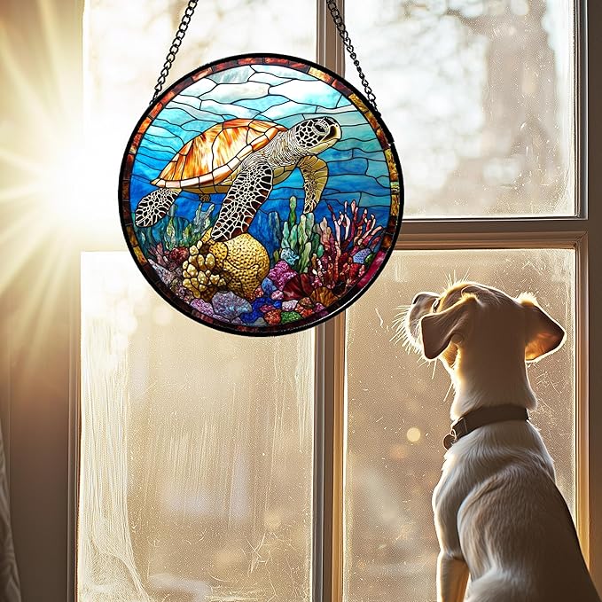 Stained Glass Window Hanging Blue Sea Ocean Coral Turtle Large 15" - Suncatcher Door Garden Sunroom Sun Catcher Home Decor Birthday Christmas for Mom Men Woman Nana