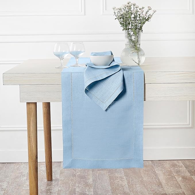 D'Moksha Homes Linen Powder Blue Table Runner 108 Inches Long - 100% Pure Linen 14 x 108 Inch Table Runner for Spring, Easter - Classic Hemstitch