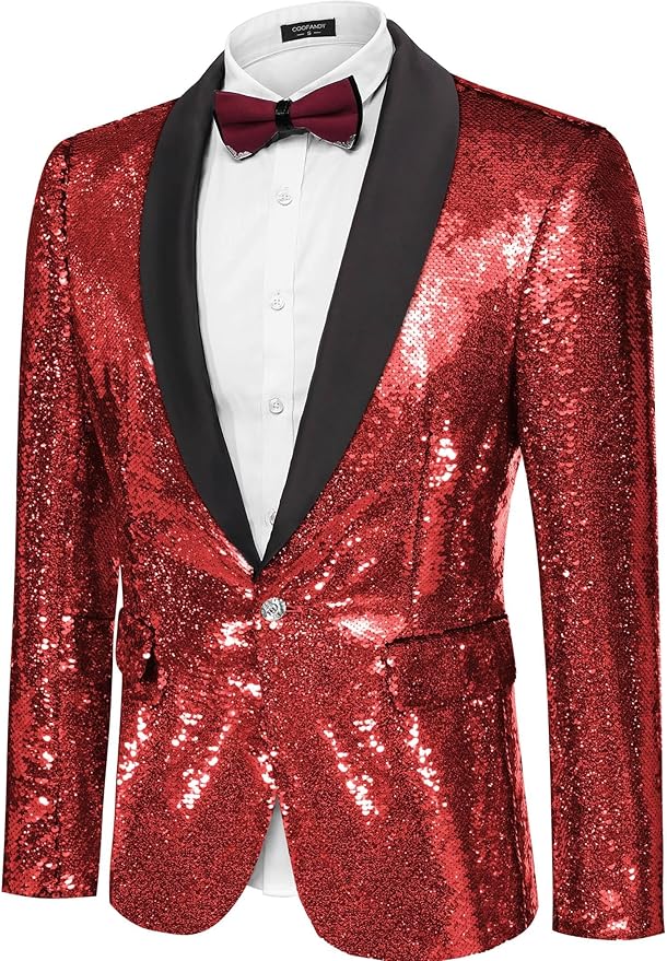 COOFANDY Mens Shiny Sequin Blazer Tuxedo Party Dinner Prom One Button Suit Jacket