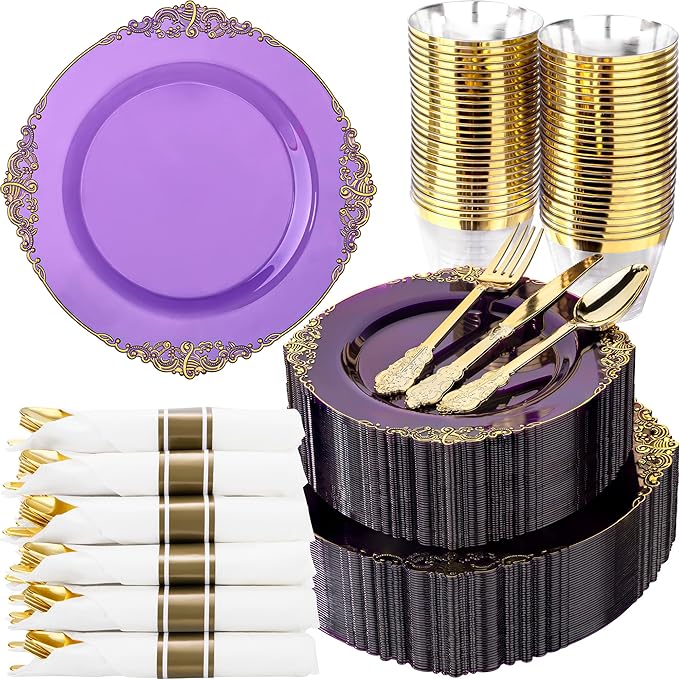 Nervure 350PCS Purple Plastic Plates - Disposable Purple Gold Party Plates & Pre Rolled Napkins with Cutlery for 50 Guests, 100Plates, 150 Silverware, 50 Cups, 50 Napkin for Wedding & Party & Bridal