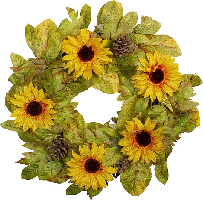Yellow Sunflower and Pine Cone Artificial Fall Harvest Wreath - 24 inch, Unlit