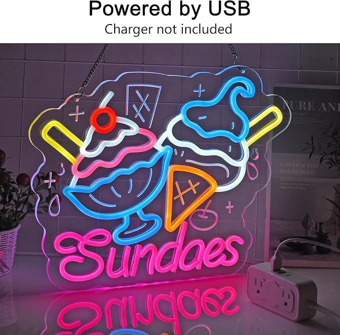 Sundaes Neon Sign, Neon Lights Hanging Wall Art Decoration for Ice Cream Dessert Shop Café Yogurt Store Summer-themed Event Home Decor, USB Powered Ultra Bright Dimmable, 15.75×12.2inches