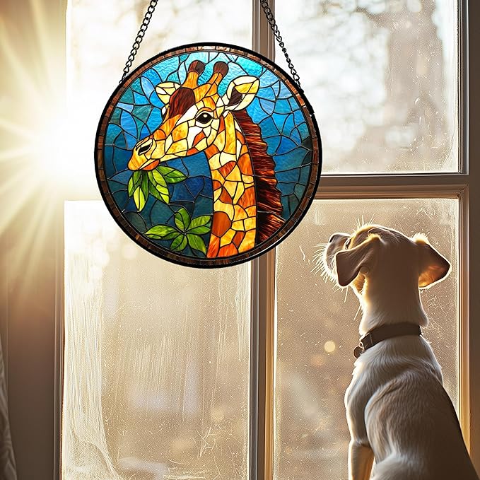 Stained Glass Window Hanging Orange Giraffe Blue Green Leaves Large 15" - Suncatcher Door Garden Sunroom Sun Catcher Home Decor Birthday Christmas for Mom Men Woman Nana