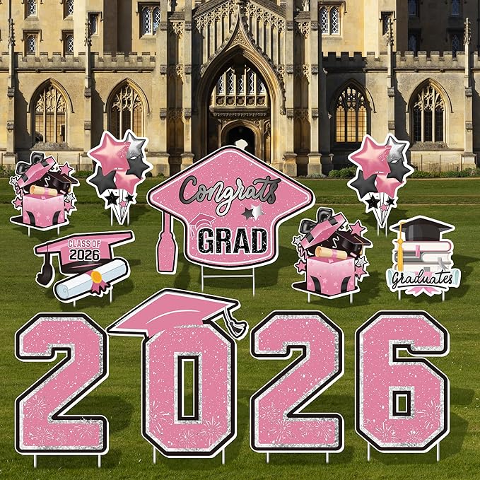 Large 11 PCS Graduation Yard Signs, Class of 2026 Congrats Grad Outdoor Lawn Yard Sign with Stakes, Graduate Yard Decorations for College High School Party, Pink