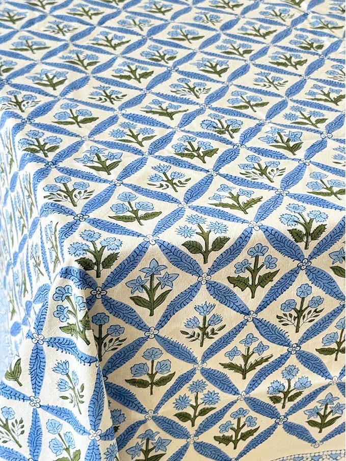 ATOSII Netta Blue 100% Cotton Square Summer Tablecloth, Handblock Floral Print Linen Table Cloth for Kitchen Dining I Parties, Weddings, Outdoors, 60 X 60 Inches I 4 Seater