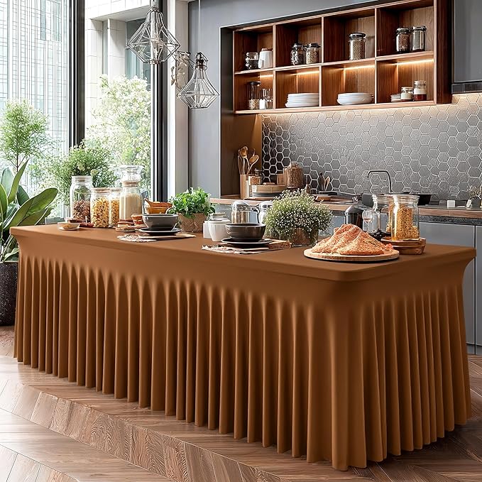 2 Packs Brown Table Clothes for 6 Foot Rectangle Tables, Wrinkle Resistant Stretch Spandex Table Covers Fitted Tablecloth with Skirt for Event Banquet Wedding Birthday Party