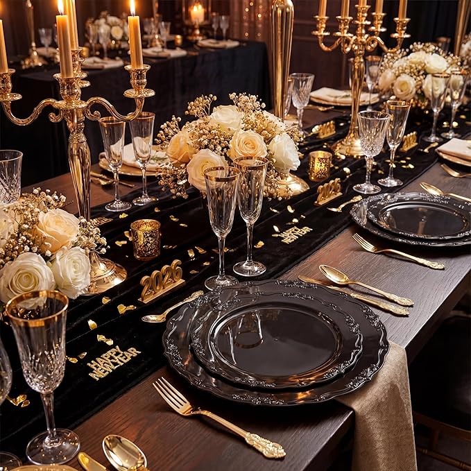 DaYammi 60PCS Black Plastic Plates, Heavy Duty Black Disposable Plates Premium 10inch Dinner Platos Hard Plastic Platos Disposable for Party and Wedding Bridal Shower