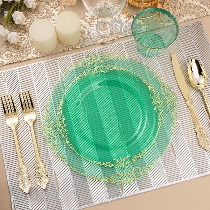 175PCS Clear Green Plastic Plates for 25 Guests, Disposable Plates with Gold Trim include 50 Dinner Plates, 75 Gold Silverware, 25 Cups, 25 Napkins for Party, Wedding and Graduation