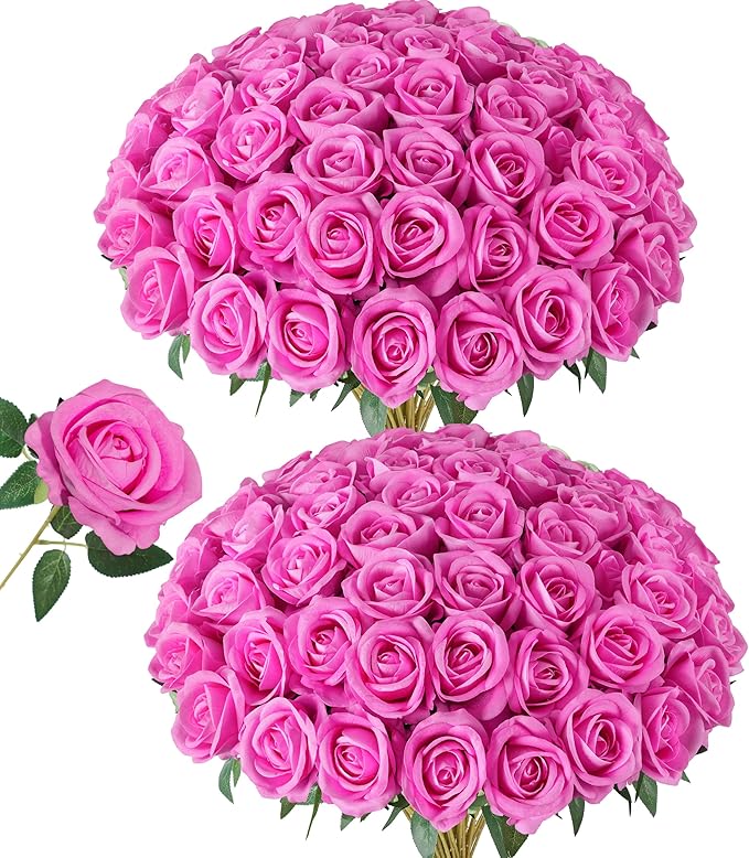 50 PCS Roses Artificial Flowers, Fake Roses with Stem Realistic Hot Pink Silk Rose for DIY Wedding Bouquets Table Centerpieces Arrangements Baby Shower Birthday Home Decor Valentine's Day Gift for Her