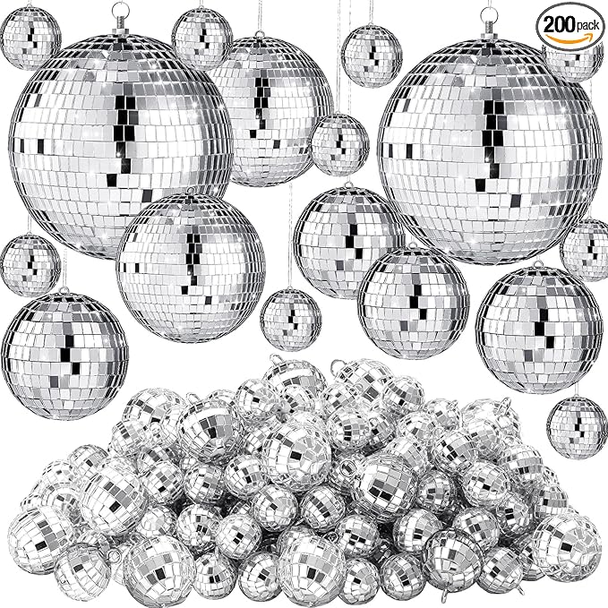 Hoolerry 200 Pcs Mini Mirror Disco Ball Ornaments Mardi Gras Small Silver Hanging Decorations Reflective Tiny Balls Bulk for 70s 80s 90s Disco Party, Christmas Tree(8'', 6'', 4'', 3'', 2,'' 1'')