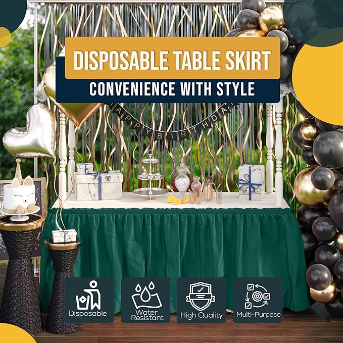 Exquisite Ruffle Table Skirt Dark Green 12 Pack 14 Ft Long Table Skirts for Rectangle Tables 6ft Plus or Round Tables Skirts with Adhesive Strip for Gender Reveal Decor & Happy Birthday Parties