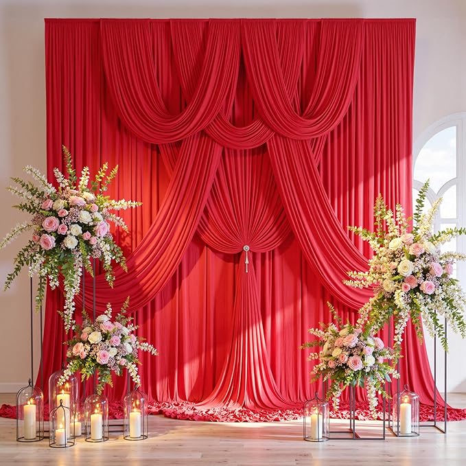 30ft x 10ft Wrinkle Free Red Backdrop Curtain for Parties, 6 Panels 5×10ft Silky Polyester Red Photo Backdrop Drapes Back Drop Cloth for Birthday Theme Party Wedding Photography Background