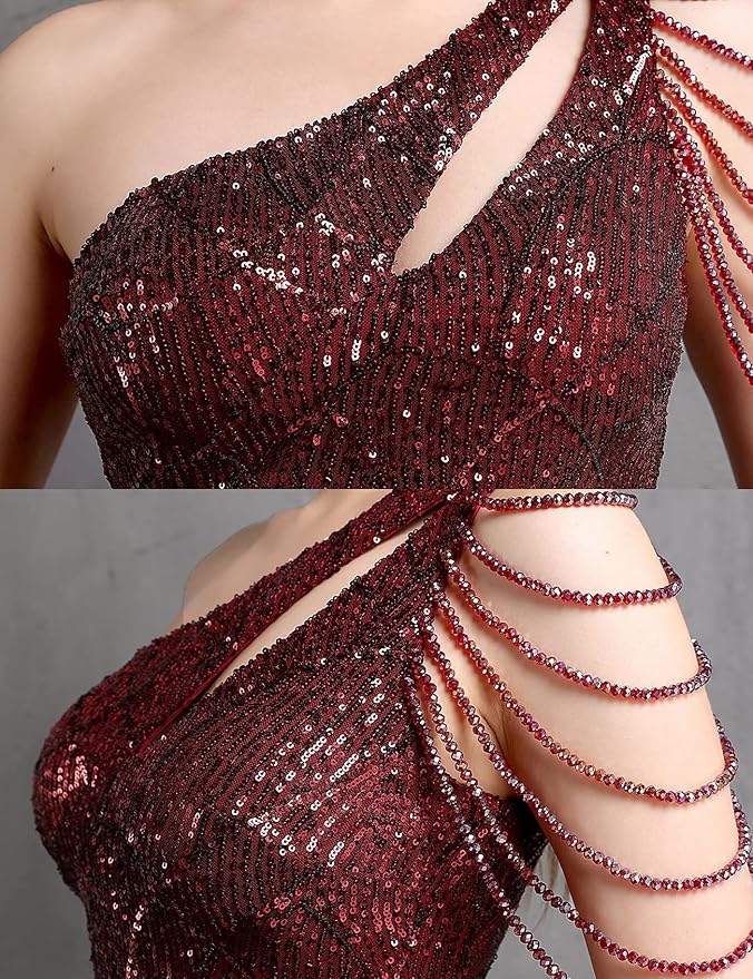 Women One Shoulder 1920s Plus Size Formal Dress Tassels Sleeve Sequins Gatsby Maxi Evening Gown