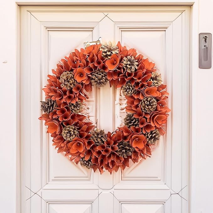 Galt International 18" Natural Woodchip Pinecone Fall Wreath for Front Door - Beautiful Indoor & Outdoor Wreath for Harvest, Thanksgiving, Autumn - Rustic Home Decor (Orange)