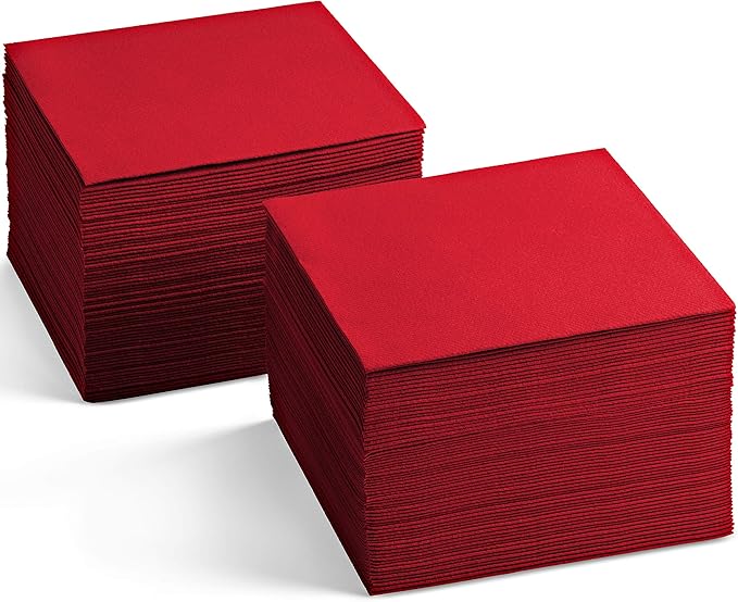 Linen-Feel Red Cocktail Napkins For Christmas - Decortive Cloth-Like Dessert And Beverage Napkins - Soft And Absorbent. For Restaurant, Bar, Cafe, Or Event. (Pack of 100)