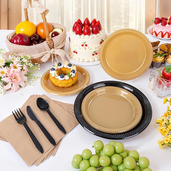 MirthMood 350PCS Black and Gold Plastic Plates,Black Disposable Plates –Plastic Plates Set Includes 50 Dinner,50 Dessert Plate,50 Cup&50 Napkins, 50 Black Silverware for Wedding& Parties