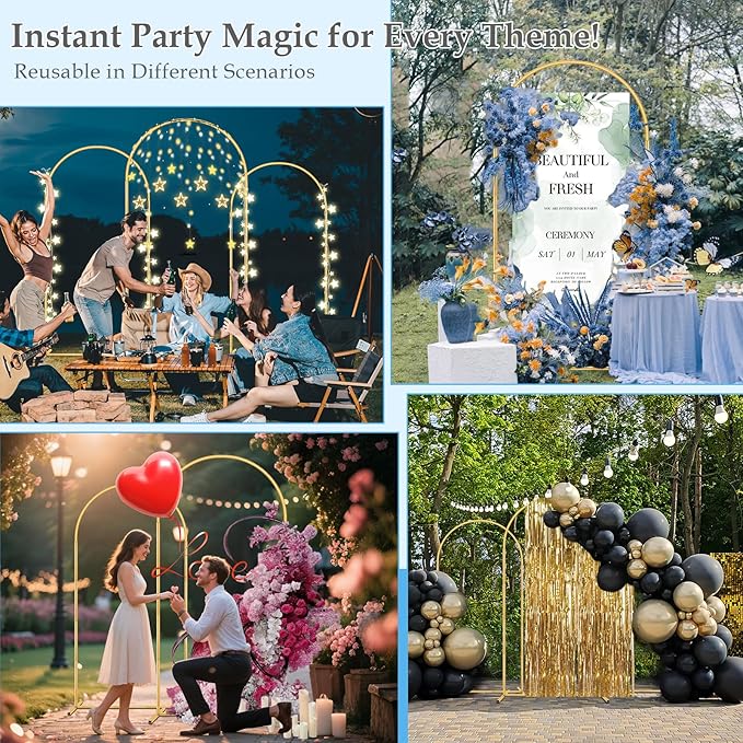 DEVISEFUN Arch Backdrop Stand, 7.2FT, 6.6FT, 6FT Set of 3 Metal Gold Wedding Balloon Arch Stand Kit with Base for Gender Reveal Ceremony Bridal Graduation Party Event Background Decoration