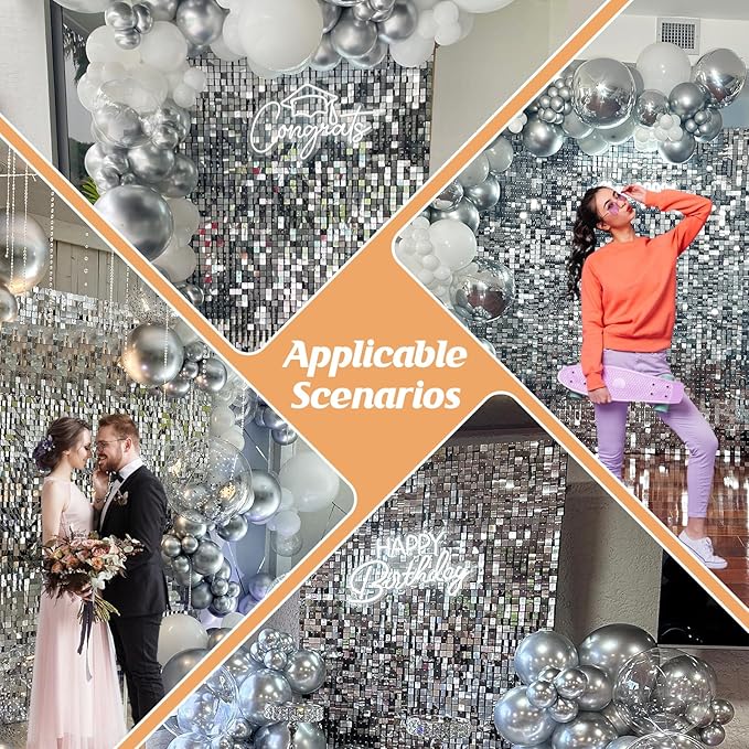 4FT x 6FT Silver Shimmer Wall Backdrop,Shiny Sequins,24PCS Sequins Backdrop Decoration Panels, Glitter Bling Photo Background Decorations for Birthday Party Wedding Engagement Anniversary Graduation