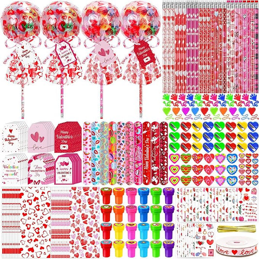 CZWZ 272Pcs Giant Lollipop Valentine Classroom Gifts for Kids, 24 Set Giant Lollipop with Pencils, Stickers, Erasers for Classroom School Exchange Valentine Party Favors Supplies