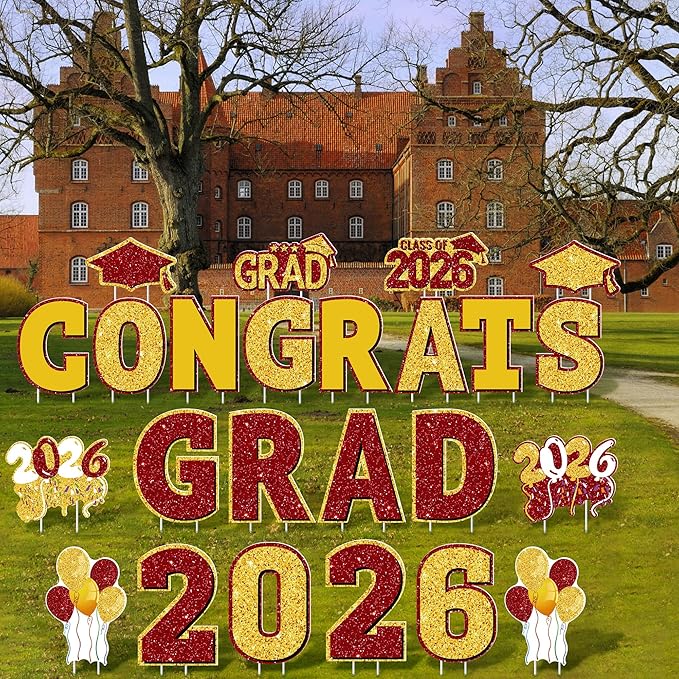 ANVAVO 2026 Congrats Grad Yard Signs Graduation Waterproof Decorations Graduation Yard Sign Decorations Grad Party Outdoor Lawn Decor with Stakes, Red and Gold
