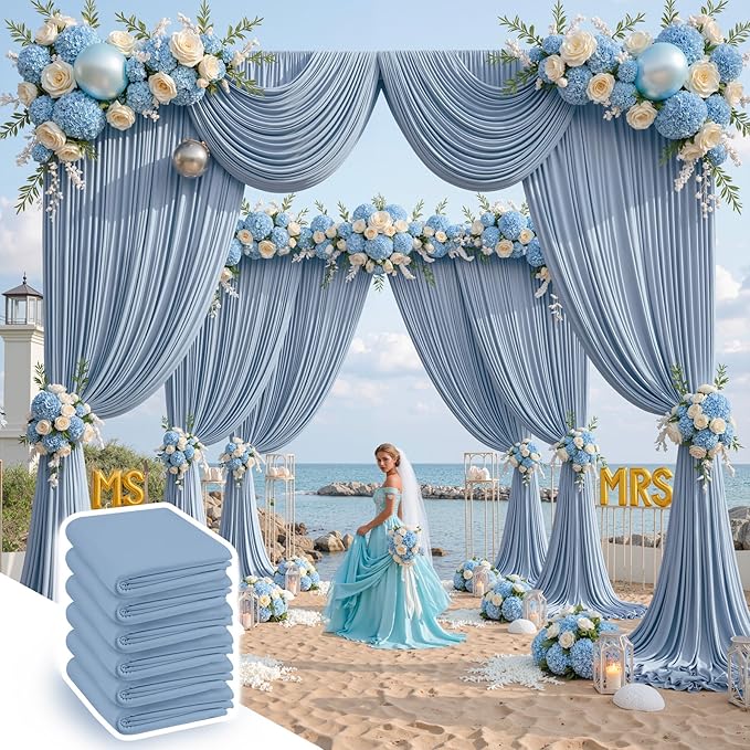30 ft x 10 ft Wrinkle Free Dusty Blue Backdrop Curtain for Parties, 6 Panels 10ft Polyester Dusty Blue Photo Backdrop Drapes for Graduation Birthday Wedding Party Stage Curtains
