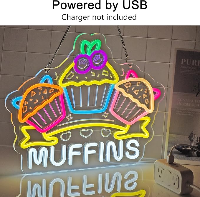 Muffins Neon Sign, Neon Lights Hanging Wall Art Decoration for Bakery Café Restaurant Snack Bar Pastry Shop Party Home Decor, USB Powered Ultra Bright Dimmable, 16.14×12.6inches
