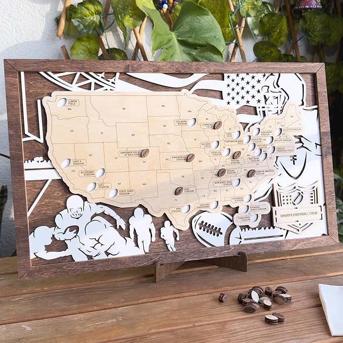 Personalized Wooden American Football Stadium Tracker Map - Football Stadium Bucket List - Custom Travel Map - Handcrafted Wall Art - Unique Gift for Football Fans (With Silhouette)